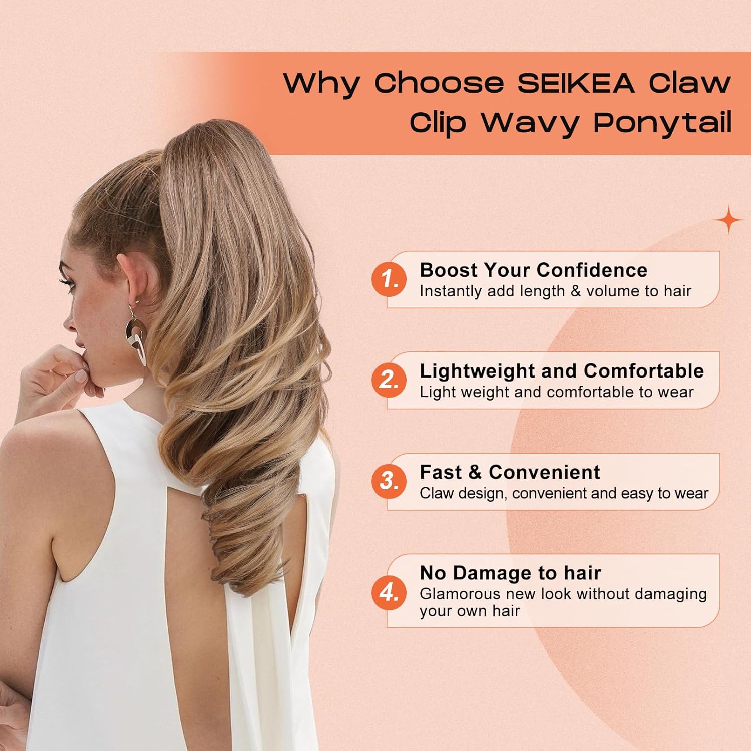 SEIKEA Ponytail Extension, 18 Wavy Claw Clip in Hair Extensions for Women, Lightweight Fluffy Synthetic Ponytail Hairpiecet